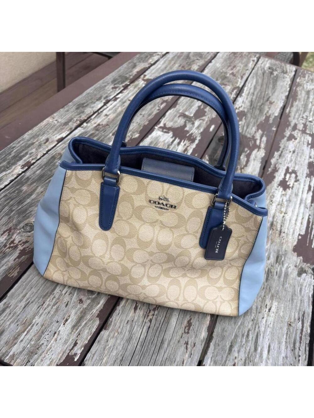Coach Signature Satchel Bag – Tan Monogram Blue Leather Trim Handbag